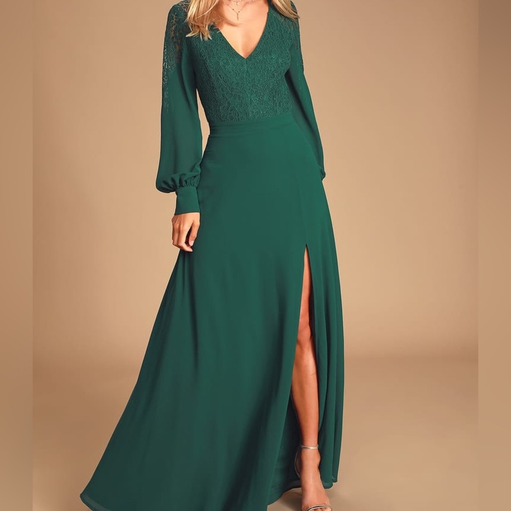 Lulus Astra Forest Green Lace Long Sleeve Backless Maxi Dress
